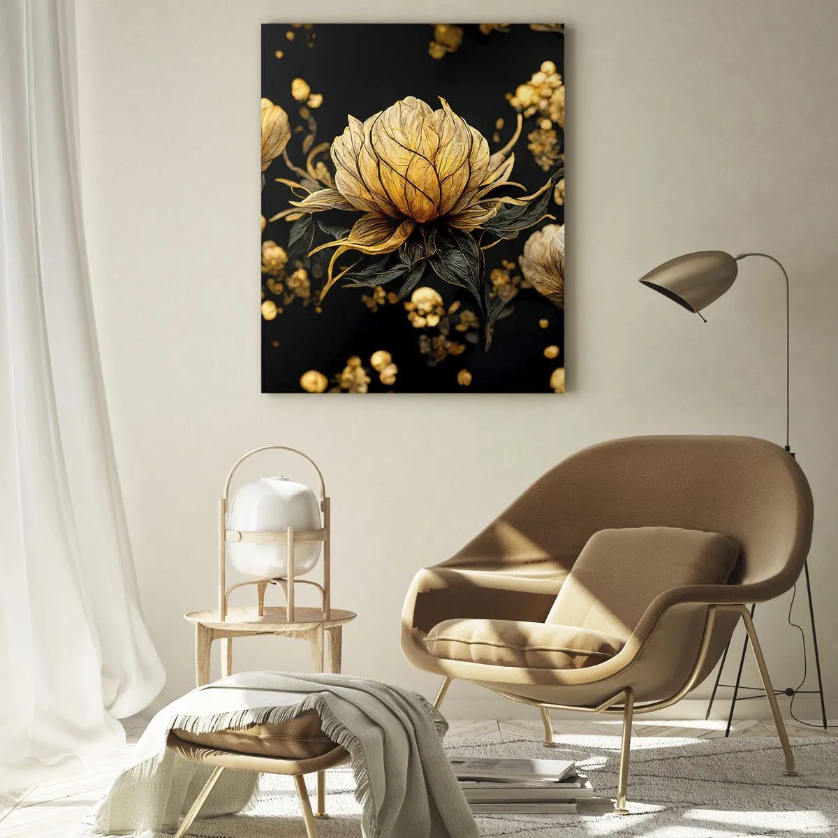 Obraz na szkle - Złote kwiaty na czarnym tle w eleganckiej kompozycji - 50x70cm - Subtelna kruchość - Nowoczesna dekoracja ścienna do salonu, kuchni i sypialni ARTTOR