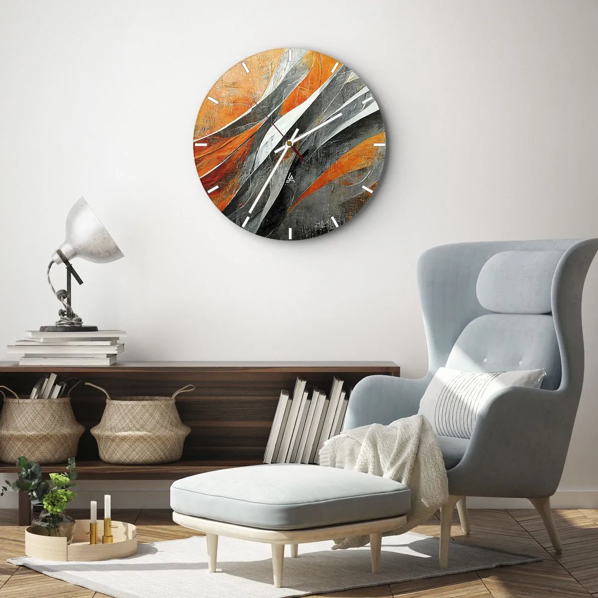 Zegar ścienny - Dynamiczne smugi pomarańczu, czerni i szarości - 30x30cm - Żar i chłód - Nowoczesna dekoracja ścienna do salonu, kuchni i sypialni ARTTOR