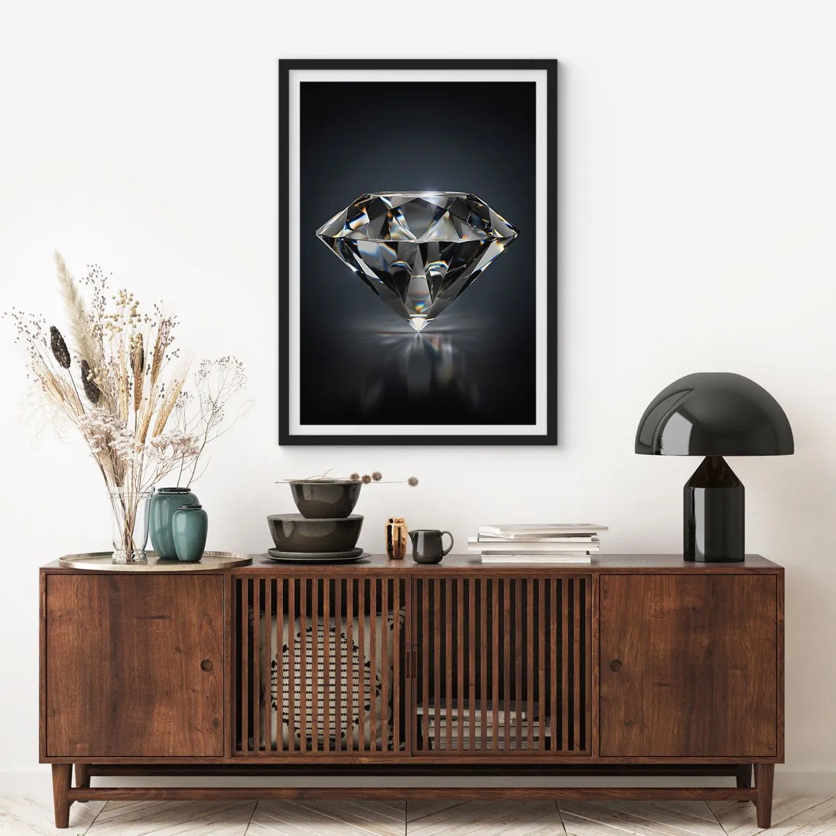 Plakat w czarnej ramie - Lśniący diament na ciemnym tle odbijający światło - 50x70cm - Best girls friend - Nowoczesna dekoracja ścienna do salonu i sypialni ARTTOR