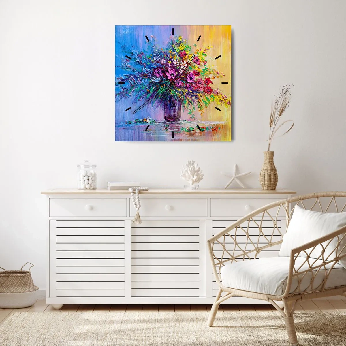 Zegar ścienny - Kolorowy bukiet kwiatów w wazonie na tle gradientu - 30x30cm - Dar letnirj łąki - Nowoczesna dekoracja ścienna do salonu i sypialni ARTTOR