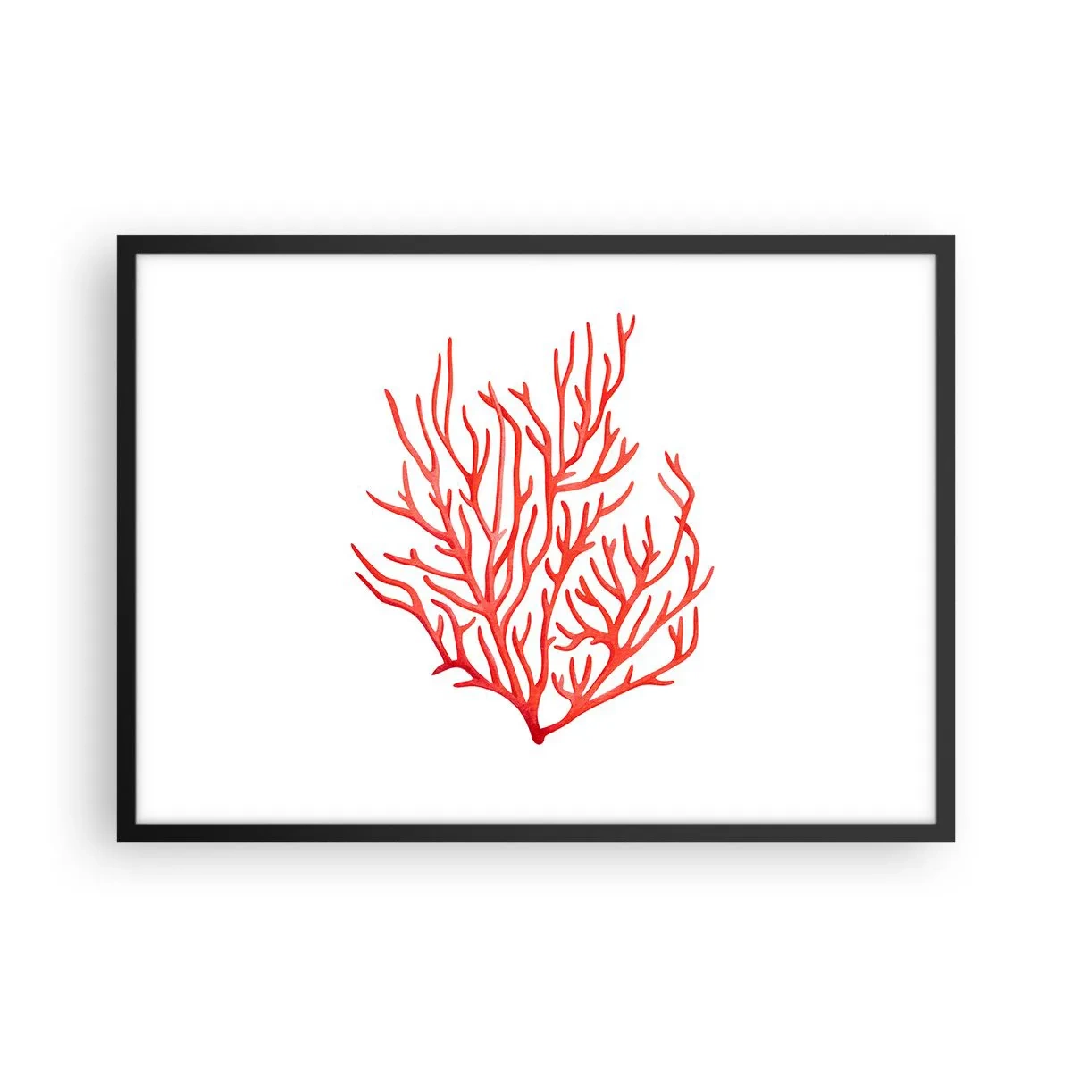 Plakat w czarnej ramie - Czerwony koral na białym tle w minimalistycznym stylu - 70x50cm - Koralowy filigran - Nowoczesna dekoracja ścienna do salonu i sypialni ARTTOR