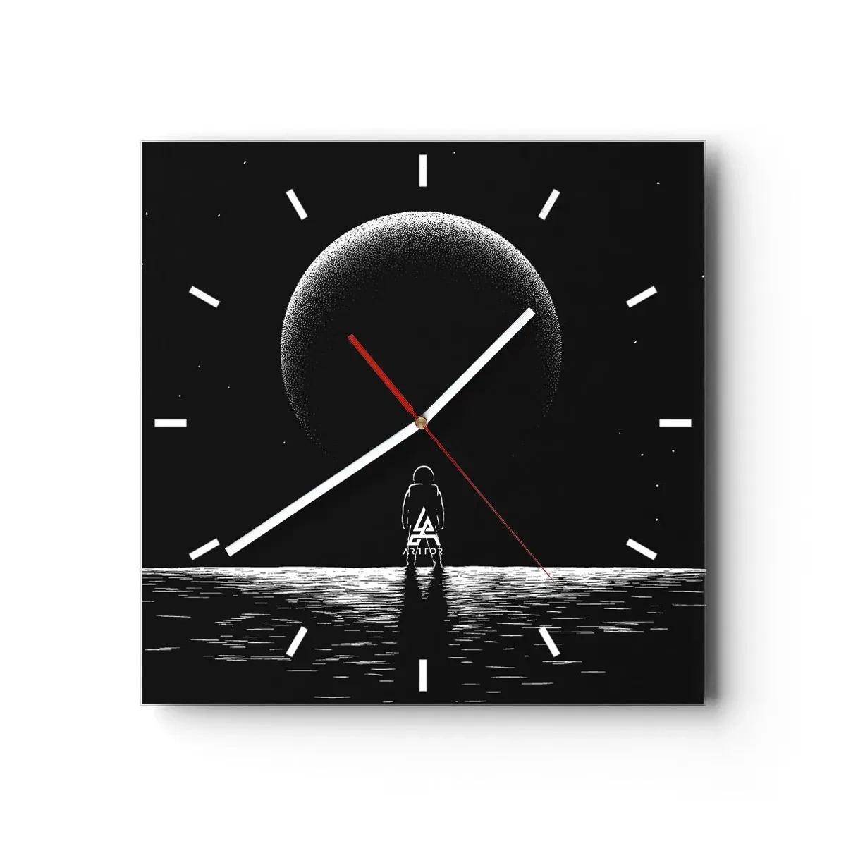 Zegar ścienny - Astronauta na tle wielkiej planety w przestrzeni kosmicznej - 30x30cm - Twarzą w twarz - Nowoczesna dekoracja ścienna do salonu i sypialni ARTTOR