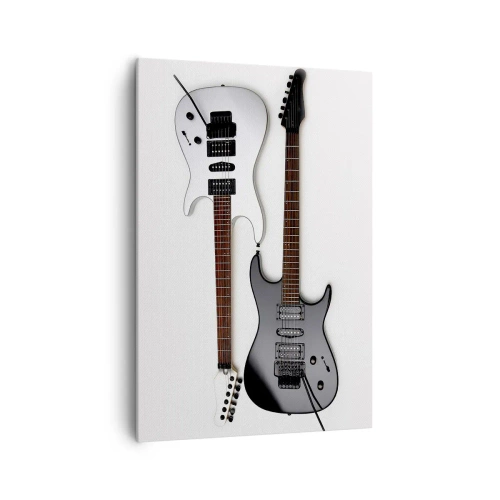 Obraz na płótnie - Dwie elektryczne gitary w czarno-białych kolorach na jasnym tle. - 70x100cm - Harmonia kształtów - Nowoczesna dekoracja ścienna do salonu i sypialni ARTTOR