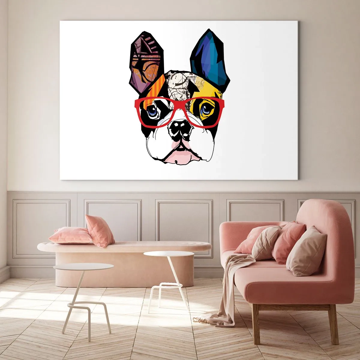 Obraz na szkle - Bulldog w kolorowych okularach na białym tle - 120x80cm - Intelektualista - Nowoczesna dekoracja ścienna do salonu, kuchni i sypialni ARTTOR