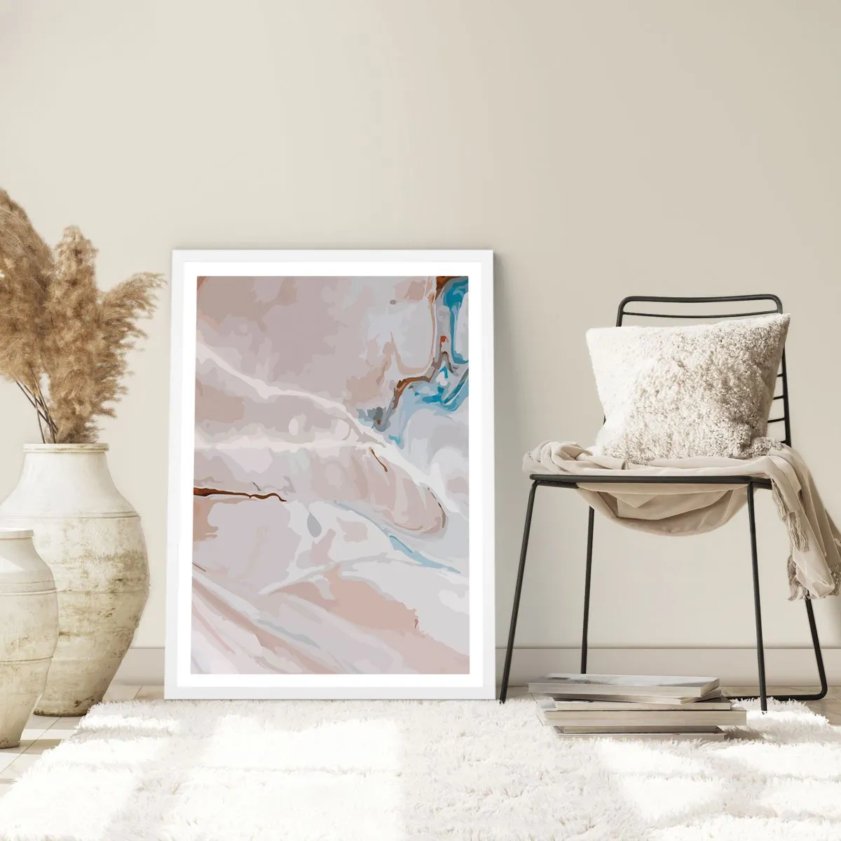 Plakat w białej ramie - Błękitne meandry pod bielą - 70x100 cm