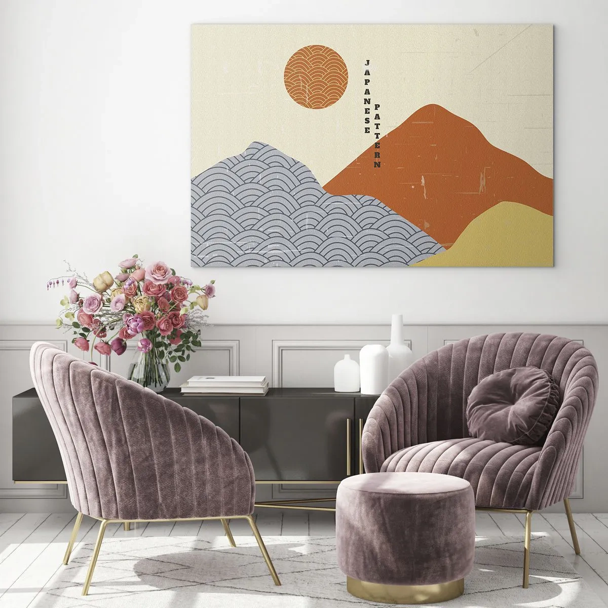 Obraz na szkle - Grafika z japońskimi wzorami gór i słońca - 70x50cm - W japońskim duchu - Nowoczesna dekoracja ścienna do salonu i sypialni ARTTOR