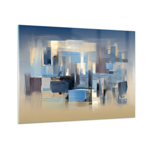 Obraz na szkle - Geometryczne pociągnięcia pędzla w odcieniach błękitu i beżu - 70x50cm - Błękitna konstrukcja - Nowoczesna dekoracja ścienna do salonu i sypialni ARTTOR