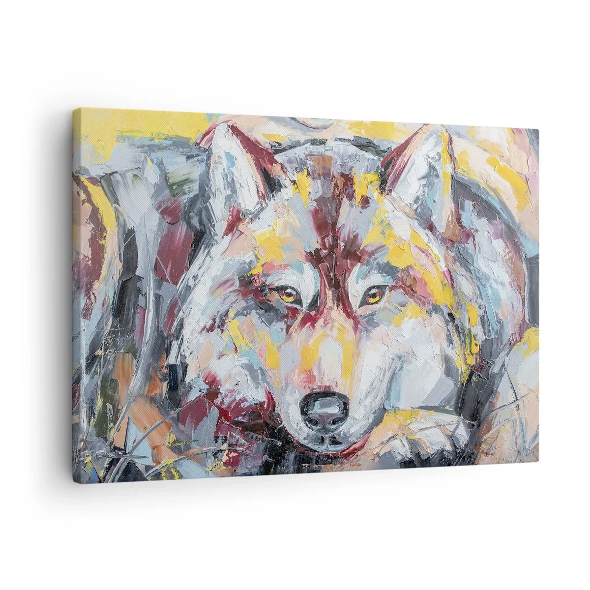 Obraz na płótnie - Artystyczny portret wilka w intensywnych kolorach - 70x50cm - Spokój wśród bliskich - Nowoczesna dekoracja ścienna do salonu i sypialni ARTTOR