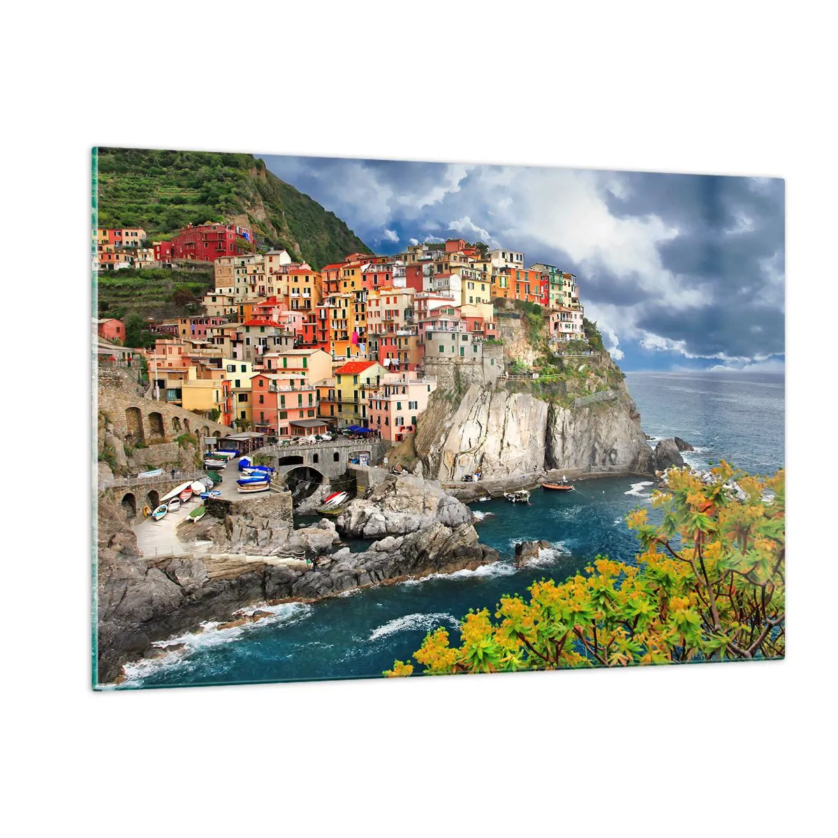 Obraz na szkle - Kolorowe miasteczko na klifie nad morzem - 120x80cm - Gromadka przytulona do skał - Nowoczesna dekoracja ścienna do salonu, kuchni i sypialni ARTTOR