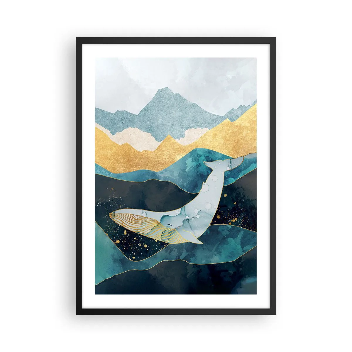 Plakat w czarnej ramie - Chłodne piękno północy - Abstrakcyjny wieloryb unoszący się wśród złotych fal - 50x70cm