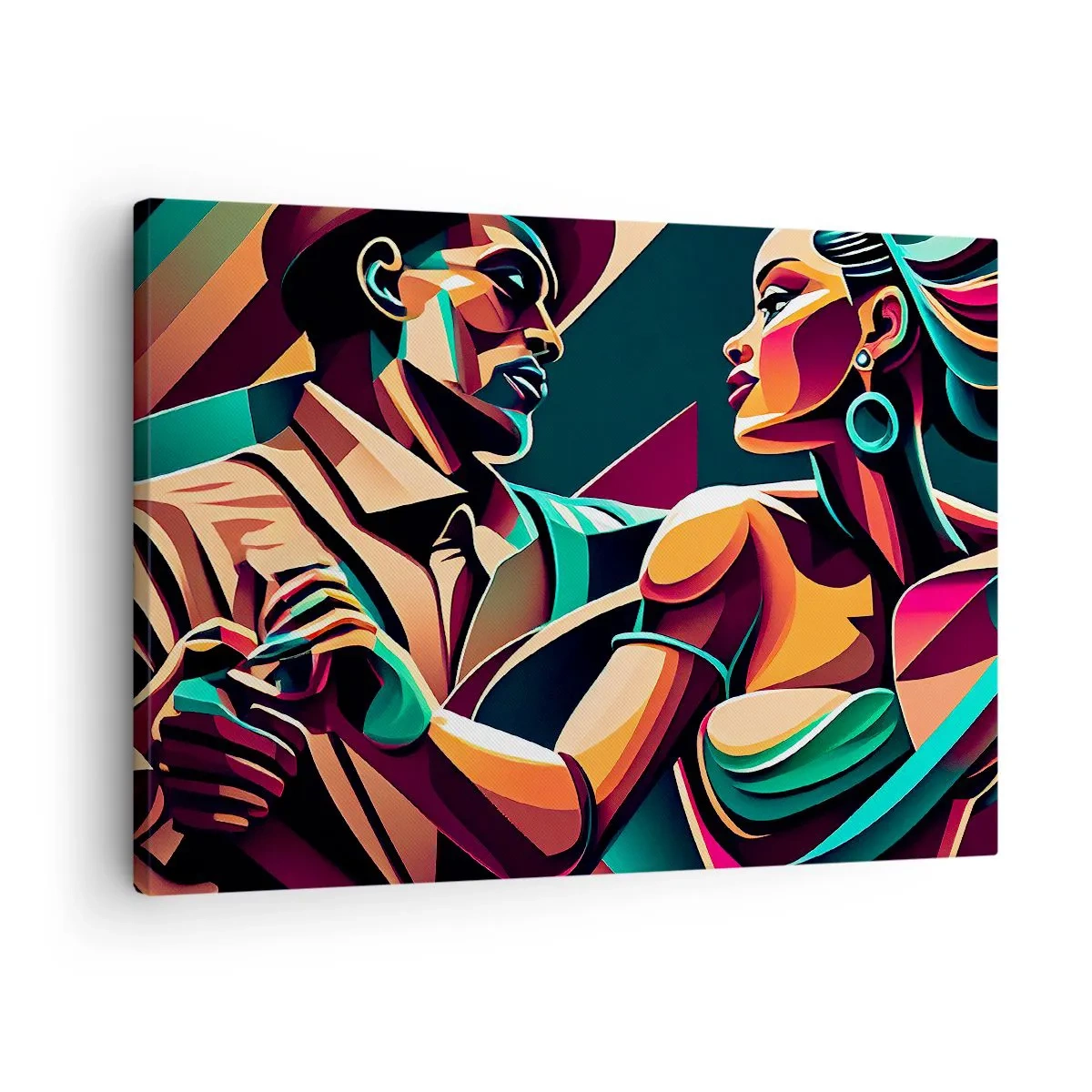 Obraz na płótnie - Stylizowana para tańcząca w żywych, geometrycznych barwach - 70x50cm - W rytmie serca - Nowoczesna dekoracja ścienna do salonu i sypialni ARTTOR