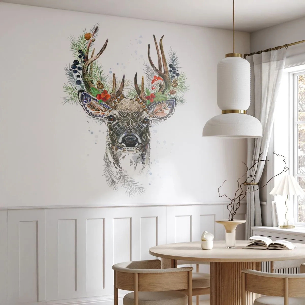 Fototapeta Premium Canvas - Stylizowany jeleń z ozdobnym porożem na białym tle - 100x70cm - W świątecznej szacie - Nowoczesna dekoracja ścienna do salonu i sypialni ARTTOR