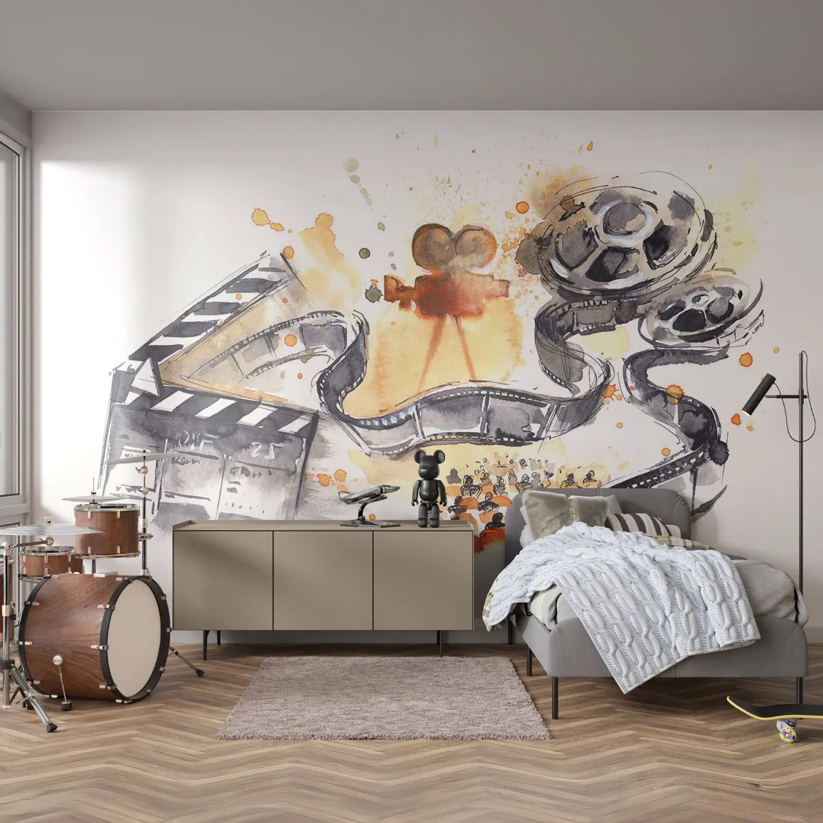 Fototapeta Standard Eco - Filmowa ilustracja z kamerą, taśmą i klapsem reżyserskim - 100x70cm - W krainie snów - Nowoczesna dekoracja ścienna do salonu i sypialni ARTTOR