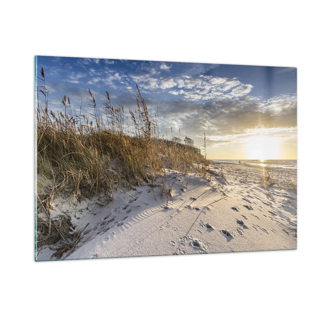 Obraz na szkle - Piaszczysta plaża o zachodzie słońca z trawami przy wydmie - 120x80cm - Zaproszenie na spacer - Nowoczesna dekoracja ścienna do salonu, kuchni i sypialni ARTTOR