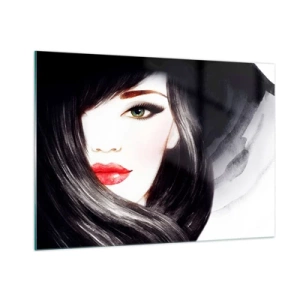 Obraz na szkle - Portret kobiety z czarnymi włosami i wyrazistymi czerwonymi ustami - 100x70cm - Szafirowe spojrzenie - Nowoczesna dekoracja ścienna do salonu, kuchni i sypialni ARTTOR