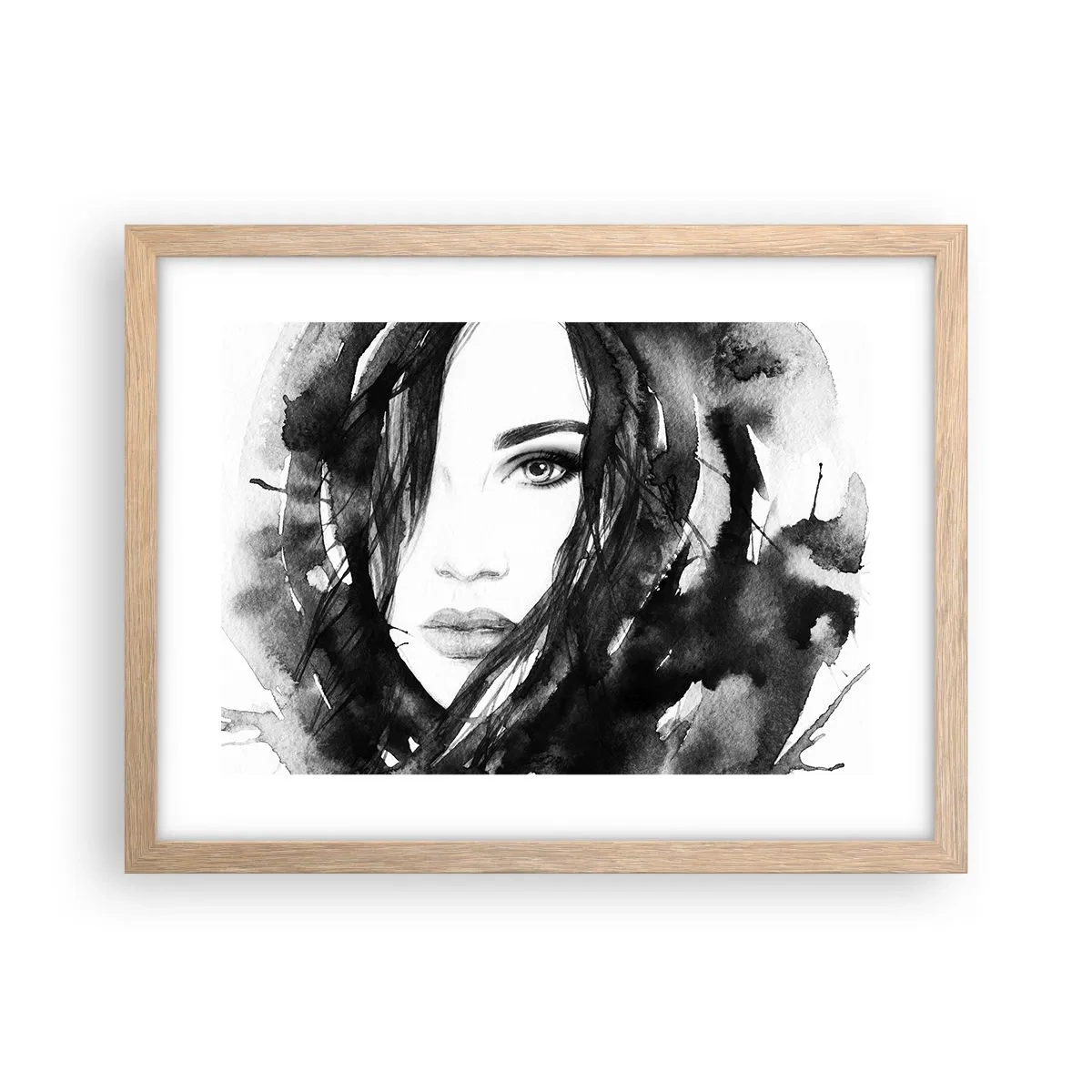 Plakat w ramie jasny dąb - Portret damy w czerni i bieli - 40x30 cm