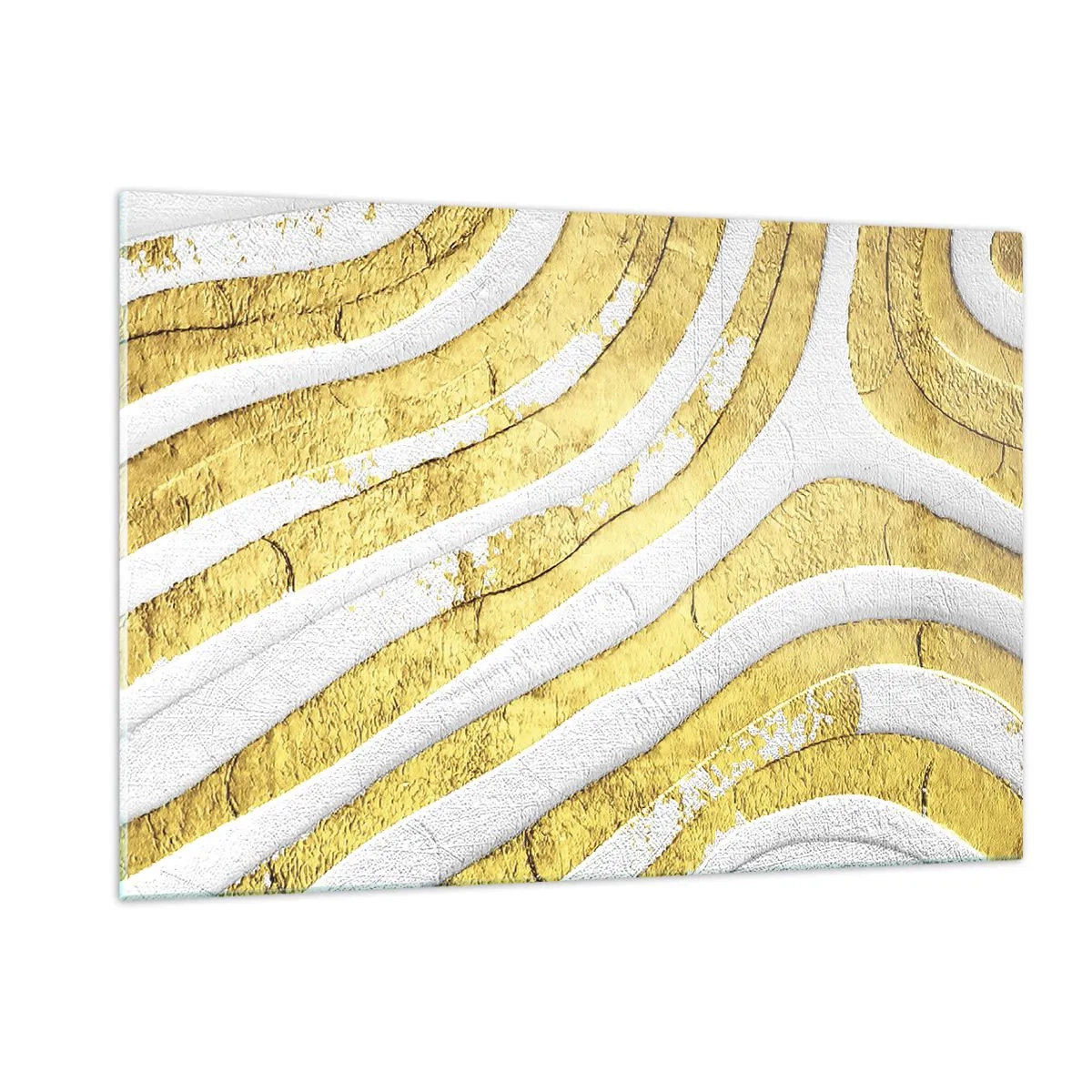 Obraz na szkle - Abstrakcyjne złote i białe fale o teksturalnym efekcie - 120x80cm - Kompozycja w bieli i złocie - Nowoczesna dekoracja ścienna do salonu, kuchni i sypialni ARTTOR