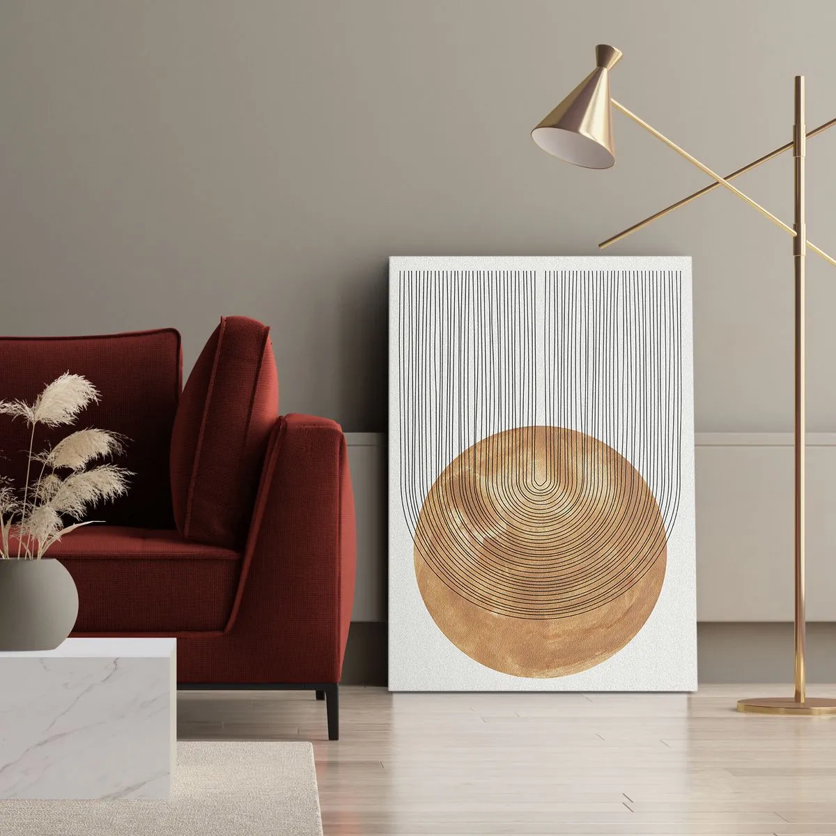 Obraz na płótnie - Geometryczna kompozycja z okręgiem i liniami w ciepłych barwach - 80x120cm - Kompozycja słoneczna - Nowoczesna dekoracja ścienna do salonu i sypialni ARTTOR