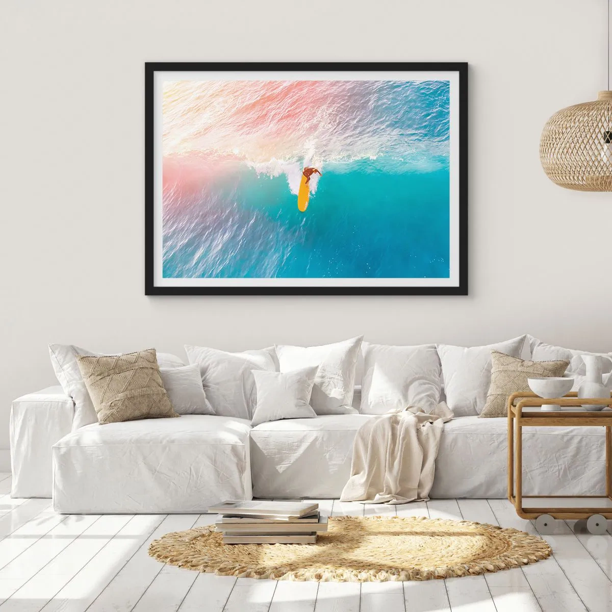 Plakat w czarnej ramie - Surfer na fali w pastelowych kolorach - 70x50cm - Oceaniczny jeździec - Nowoczesna dekoracja ścienna do salonu i sypialni ARTTOR