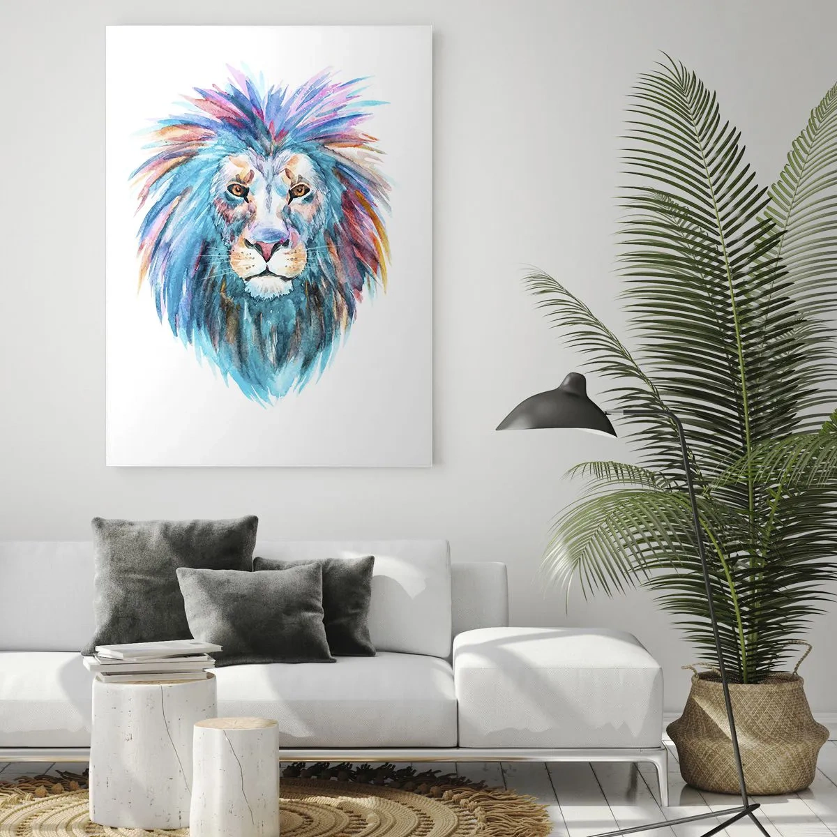 Obraz na szkle - Kolorowy portret lwa w artystycznym stylu - 50x70cm - Elektryzująca aura - Nowoczesna dekoracja ścienna do salonu, kuchni i sypialni ARTTOR