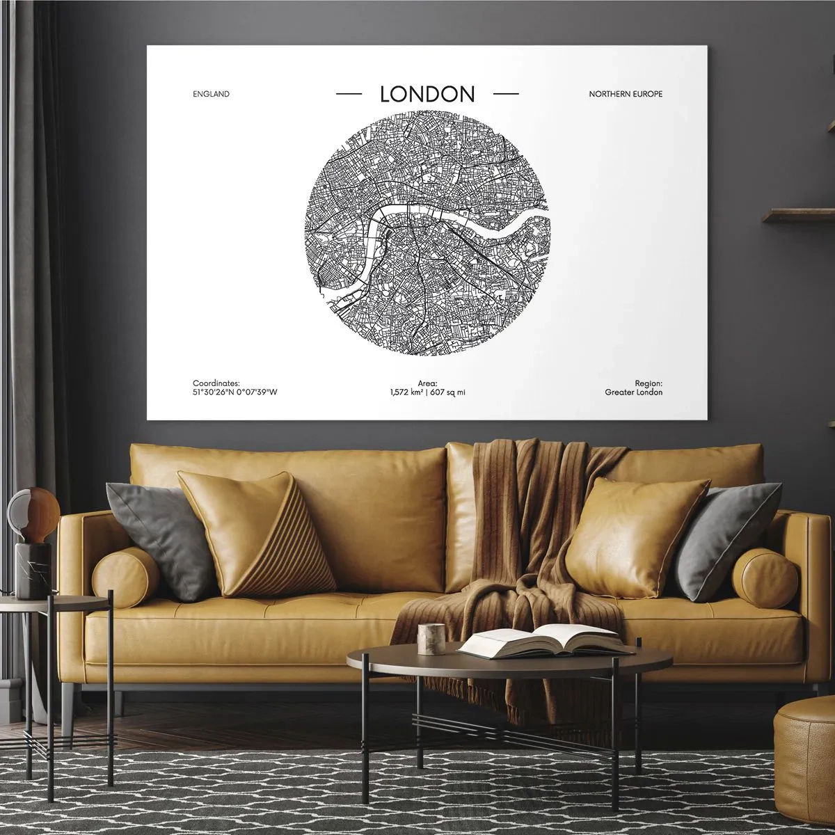 Obraz na szkle - Szczegółowa mapa Londynu w graficznym stylu czarno-białym - 120x80cm - Anatomia Londynu - Nowoczesna dekoracja ścienna do salonu, kuchni i sypialni ARTTOR