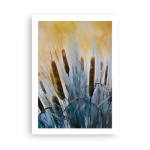 Plakat - Malarska kompozycja trzcin w ciepłym świetle - 50x70cm - Chłód wody, słońca żar - Nowoczesna dekoracja ścienna do salonu, kuchni i sypialni ARTTOR
