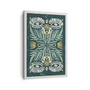 Obraz na płótnie - Symetryczny wzór z liśćmi, oczami i geometrycznymi kształtami w stylu ludowym - 50x70cm - Jak ludowa wycinanka - Nowoczesna dekoracja ścienna do salonu, kuchni i sypialni ARTTOR