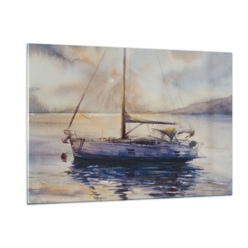 Obraz na szkle - Jacht zacumowany o zmierzchu w spokojnej zatoce - 120x80cm - Wieczór w zatoce - Nowoczesna dekoracja ścienna do salonu, kuchni i sypialni ARTTOR