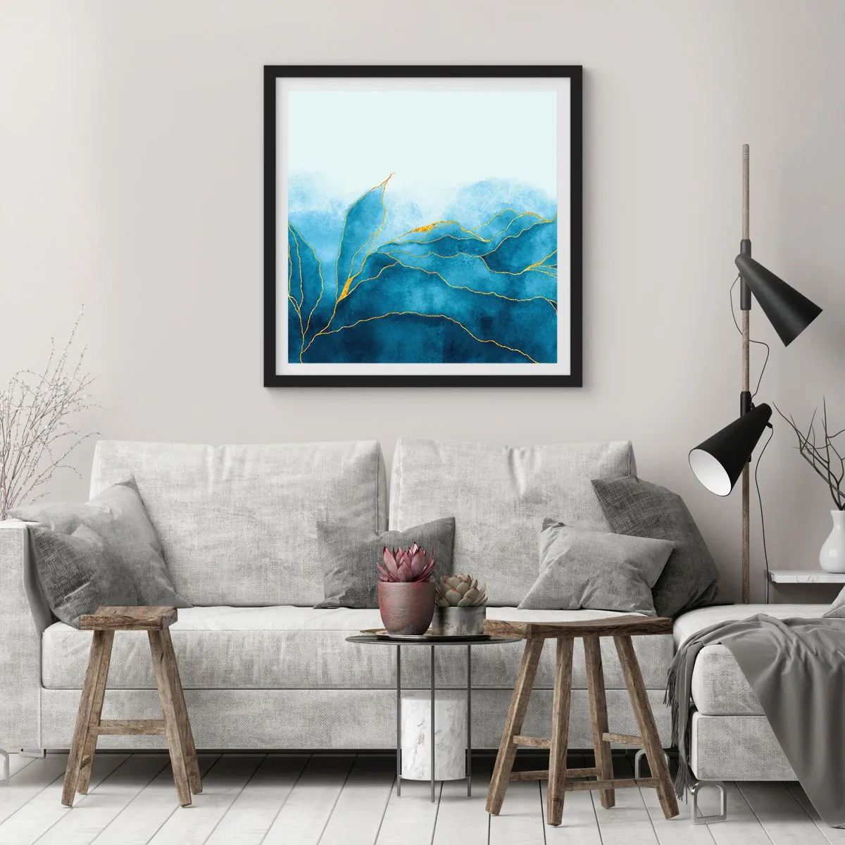 Plakat w czarnej ramie - Błękit w złocie - 30x30 cm