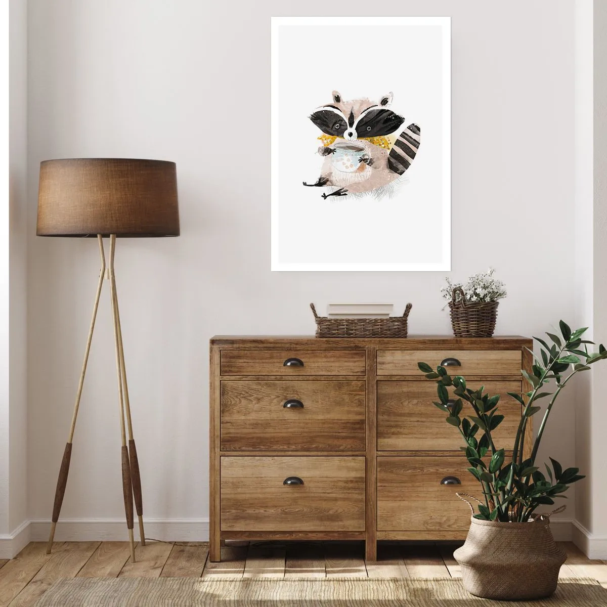 Plakat - Rysunek szopa w szaliku trzymającego kubek z herbatą - 50x70cm - Mój przyjaciel szop - Nowoczesna dekoracja ścienna do salonu, kuchni i sypialni ARTTOR