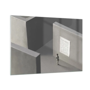 Obraz na szkle - Dziecko w labiryncie z symbolem zagadki - 100x70cm - Ale gdzie jestem? - Nowoczesna dekoracja ścienna do salonu, kuchni i sypialni ARTTOR