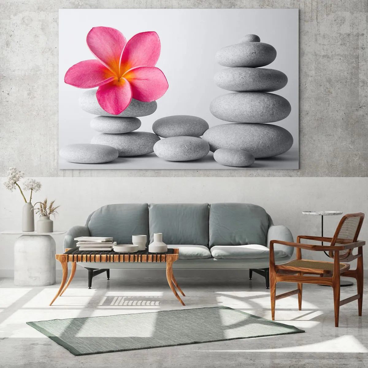 Obraz na szkle - Różowy kwiat na tle stosu białych kamieni - 100x70cm - Kamień na kamieniu, a na tym kamieniu… - Nowoczesna dekoracja ścienna do salonu, kuchni i sypialni ARTTOR