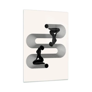 Obraz na szkle - Czarne sylwetki z geometrycznymi liniami na jasnym tle - 70x100cm - Zmysłowa symetria - Nowoczesna dekoracja ścienna do salonu i sypialni ARTTOR