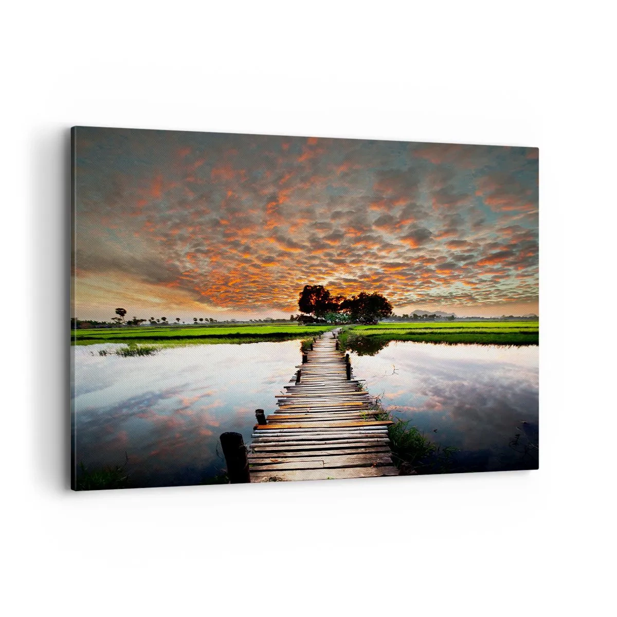 Obraz na płótnie - Drewniany mostek nad wodą o zachodzie słońca - 100x70cm - Rozłóż ramiona - oddychaj  - Nowoczesna dekoracja ścienna do salonu, kuchni i sypialni ARTTOR