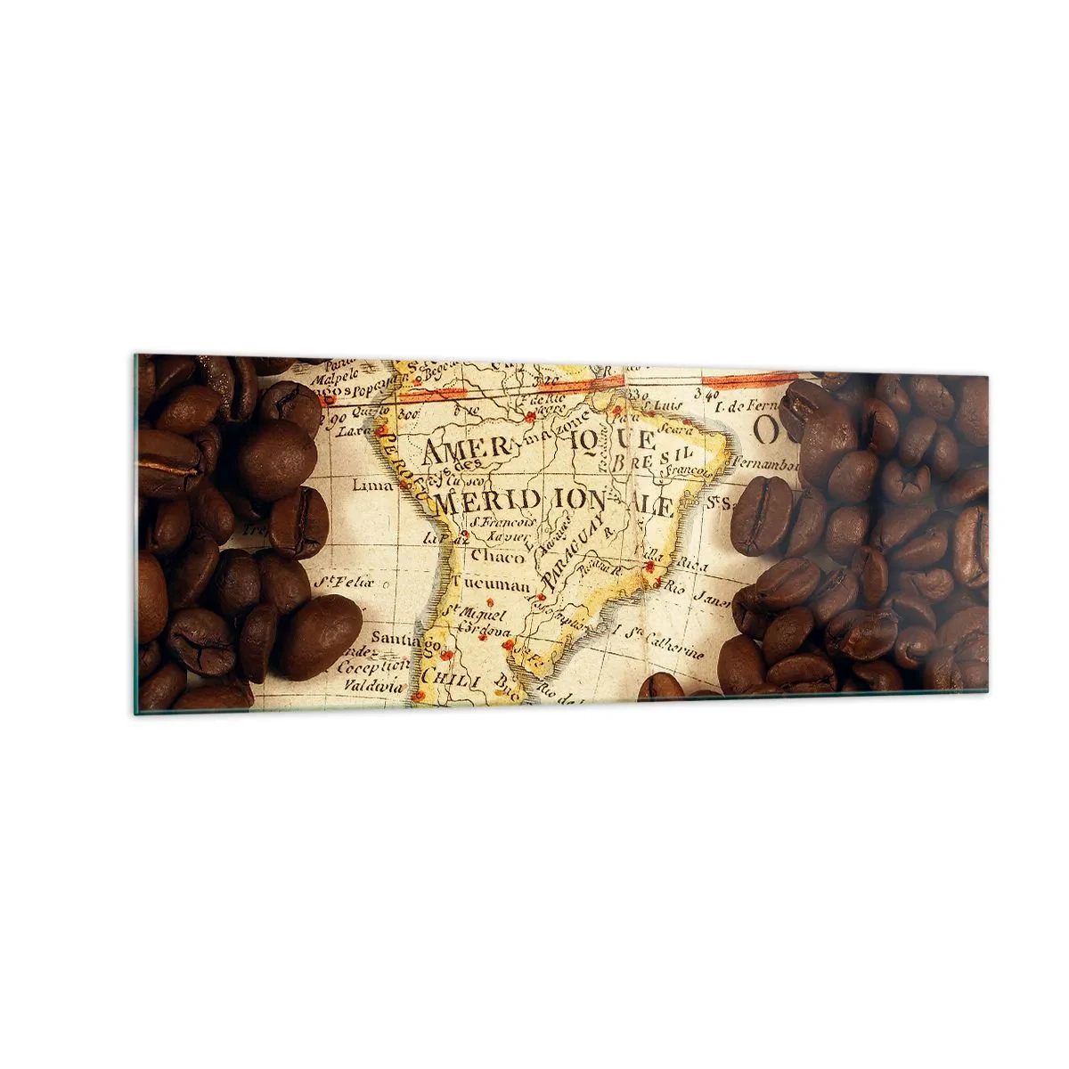 Obraz na szkle - Mapa Ameryki Południowej otoczona ziarnami kawy - 140x50cm - Skąd pochodzi najlepsza kawa? - Nowoczesna dekoracja ścienna do salonu i sypialni ARTTOR