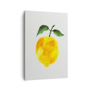 Obraz na płótnie - Akwarelowa cytryna z zielonymi liśćmi na jasnym tle - 70x100cm - Jak poznać smak słońca - Nowoczesna dekoracja ścienna do salonu i sypialni ARTTOR