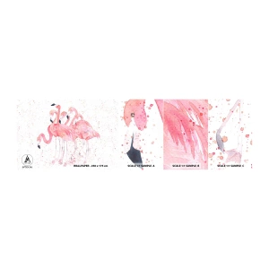 Fototapeta Próbka Samoprzylepna Deluxe Sticker - Różowy ansambl - Flamingi, Ptaki, Grafika - 100x30 cm