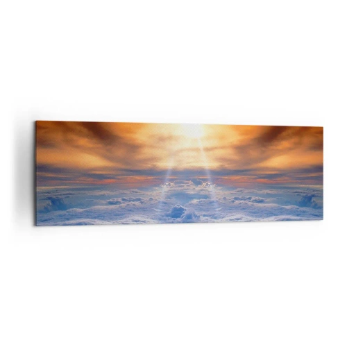Obraz na płótnie - Zachód słońca nad chmurami, niebo pełne złotych barw i światła. - 160x50cm - Pejzaż mistyczny - Nowoczesna dekoracja ścienna do salonu i sypialni ARTTOR