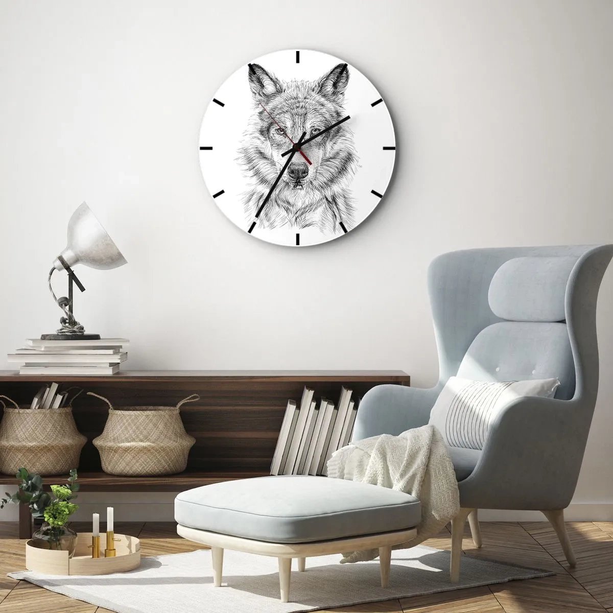 Zegar ścienny - Czarnobiały szkic głowy wilka na białym tle - 30x30cm - Urodzony przywódca - Nowoczesna dekoracja ścienna do salonu, kuchni i sypialni ARTTOR