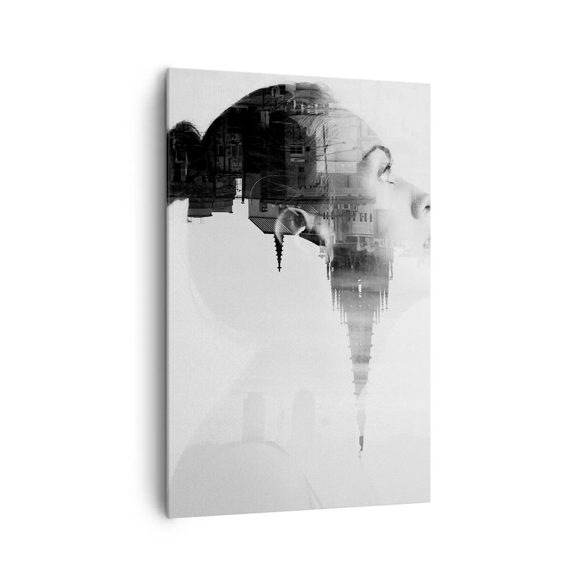 Obraz na płótnie - Portret kobiety z konturami miasta w tle, czarno-białe barwy - 80x120cm - Po dwóch stronach szyby - Nowoczesna dekoracja ścienna do salonu i sypialni ARTTOR