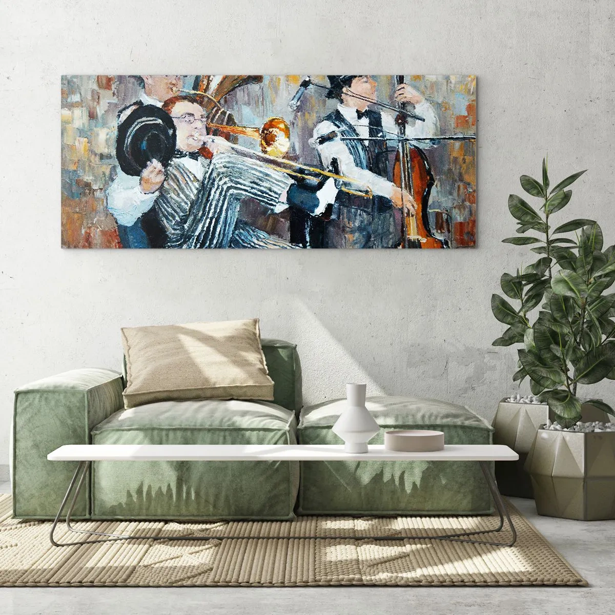 Obraz na szkle - Muzycy jazzowi w stylu malarskim podczas koncertu - 120x50cm - Cały ten jazz - Nowoczesna dekoracja ścienna do salonu i sypialni ARTTOR