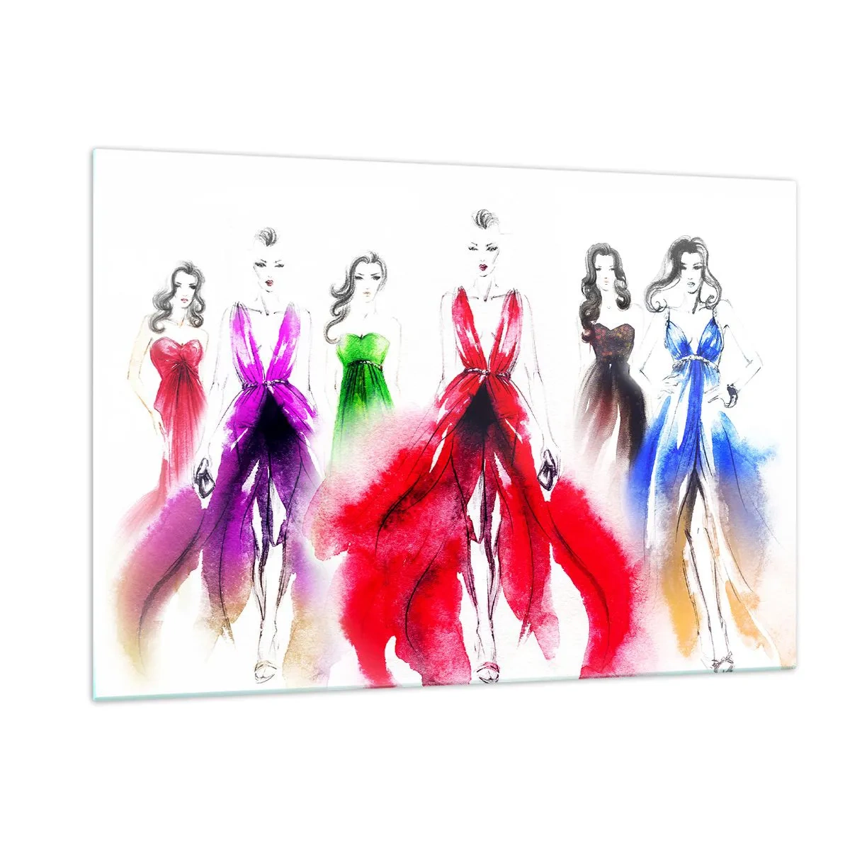 Obraz na szkle - Szkic kobiet w kolorowych sukniach wieczorowych - 120x80cm - Nastroje na stroje - Nowoczesna dekoracja ścienna do salonu, kuchni i sypialni ARTTOR