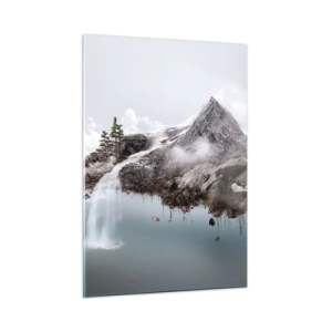 Obraz na szkle - Latająca górska wyspa z wodospadem w surrealistycznym stylu - 50x70cm - Okiem surrealisty - Nowoczesna dekoracja ścienna do salonu, kuchni i sypialni ARTTOR