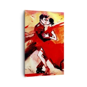 Obraz na płótnie - Para tańcząca tango w czerwonych tonacjach na dynamicznym tle - 80x120cm - Purpurowy rytm namiętności - Nowoczesna dekoracja ścienna do salonu i sypialni ARTTOR