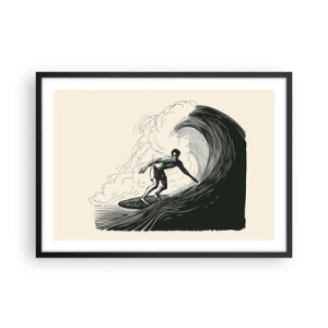 Plakat w czarnej ramie - Czarno-biała grafika surfera na fali - 70x50cm - Król fali - Nowoczesna dekoracja ścienna do salonu i sypialni ARTTOR