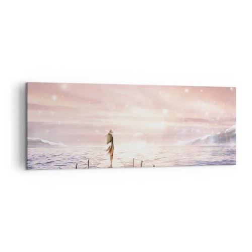 Obraz na płótnie - Kobieta na pomoście w magicznej scenerii zachodu słońca - 140x50cm - W świetle marzenia - Nowoczesna dekoracja ścienna do salonu i sypialni ARTTOR