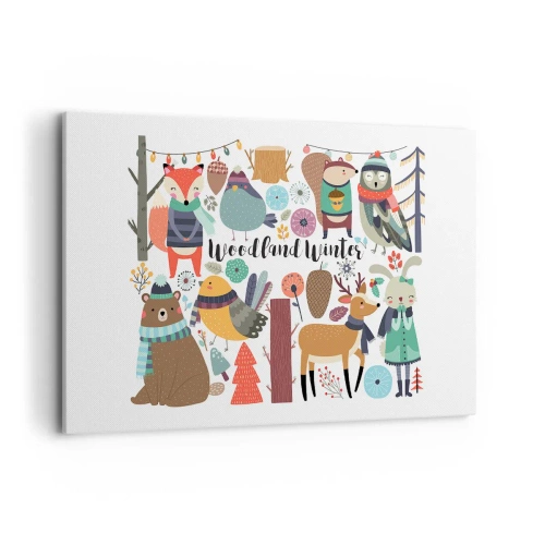 Obraz na płótnie - Zimowe leśne zwierzęta w kolorowej grafice - 120x80cm - Bajkowe święta w lesie - Nowoczesna dekoracja ścienna do salonu, kuchni i sypialni ARTTOR