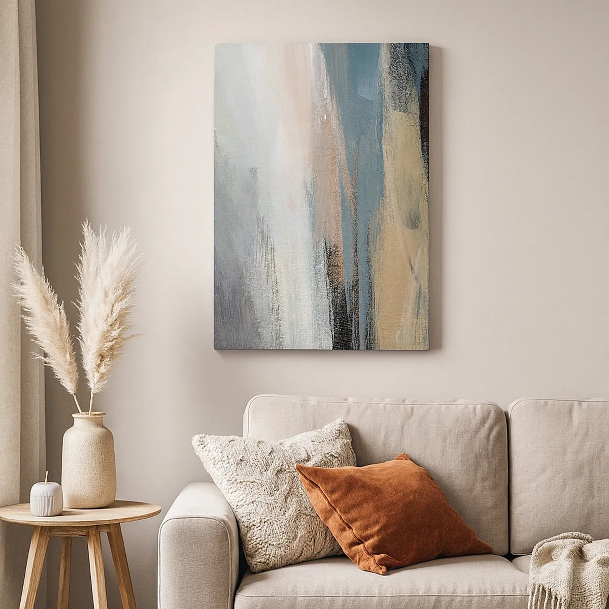 Obraz na płótnie - Abstrakcyjny obraz w odcieniach beżu i błękitu inspirowany naturą - 50x70cm - Abstrakcja: pejzaż północny - Nowoczesna dekoracja ścienna do salonu, kuchni i sypialni ARTTOR