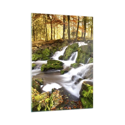 Obraz na szkle - Leśny strumień z wodospadami w jesiennym krajobrazie - 50x70cm - Bystro przez jesienny las - Nowoczesna dekoracja ścienna do salonu, kuchni i sypialni ARTTOR