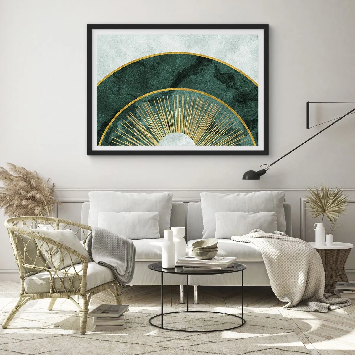 Plakat w czarnej ramie - Abstrakcyjny wzór z okręgami w szmaragdowym i złotym kolorze - 70x50cm - Inny układ słoneczny - Nowoczesna dekoracja ścienna do salonu i sypialni ARTTOR